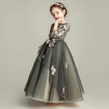 Rudens, Ziemas Bērni, Meitenes Krāšņs Melnā Krāsā Dzimšanas Dienas Vakara Puse Ziedi Princese Mežģīņu Kleitas Modelis Catwalk Uzņēmēja Kleita