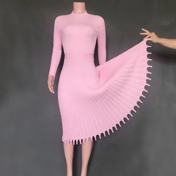 Rudens Ziemas Karstā Pārdošana Jaunu Modes Sieviešu Vidū-garuma Trikotāžas Džemperis tīrtoņa Krāsu Kroku Kleita