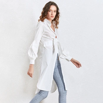 VGH Balts Elegants Krekls Sieviešu V Kakla Laternu garām Piedurknēm Dobi No Bowknot Streetwear Blūzes Sieviešu Modes 2020 