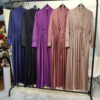 Lugentolo Sieviešu Eleganta Kleita Vakariņas Modes Musulmaņu V-veida kakla Jauno Arābu garām Piedurknēm Pogas Brīvs Dress Lady Vienkārši Maxi Kleitas