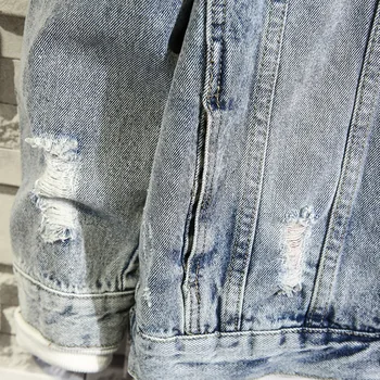 Vīriešu Džinsa Jaka ar garām Piedurknēm Slim Fit Blue Coat Aplikācijas Problemātisko Apdare Jauno Vīriešu Streetwear Rudens un Ziemas
