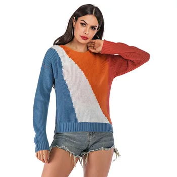 Jelics Modes Krāsu Bloku Raibs Drukāt Džemperis Sievietēm 2019 Valkāt Uz Abām Pusēm O-veida kakla Rudens Ziemas Džemperis Sieviešu Džemperis