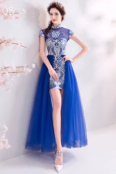 Zilā krāsā ar Augstu Kakla Noraut Svārkus, Mežģīnes, Ziedi, Sexy Modelis Īsā vakarkleita Līgava Banketa Puse Balles Kleitu XK254
