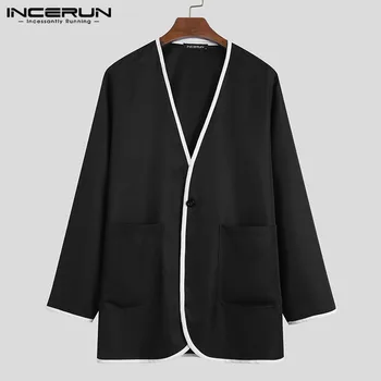 INCERUN Modes Vīrieši Bleizeri korejiešu Style Long Sleeve Atloks Uzvalks Cilvēks Daudzām Kabatām Mēteļi Gadījuma Plānas Pogas Žakete Plus Lieluma