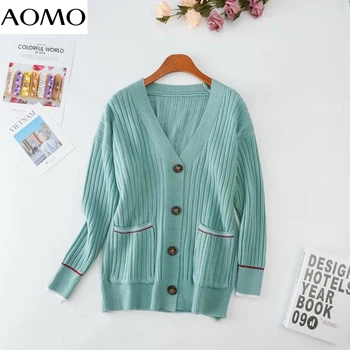 AOMO 2020 rudens ziemas sievietes zila jaka vintage džemperis dāma modes lielgabarīta trikotāžas jaka mētelis 7A06A