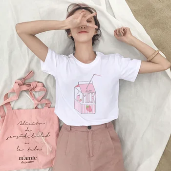 Persiku Sula Japanses Estētisko Harajuku T-krekls Meitenēm 90s Kawaii Sievietes Baltā Tee Vasaras Gadījuma Tumblr Vogue Mash Up Tshirt Topi