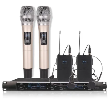 Profesionālo mikrofonu sistēma 4 kanālu mikrofons bezvadu ar 2 austiņu mikrofons, 2 rokas mikrofons darbības posmā