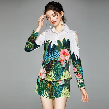 Sieviešu Apģērbu Komplekts Vasaras Skrejceļa 2 Gabals, Kas Atbilstu Mežģīnes Dobi Ar Garām Piedurknēm Blūze Krekli + Ziedu-Line Bikses Divdaļīga Apģērbs