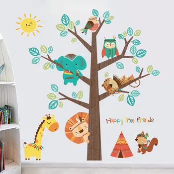 Karikatūra Dzīvnieku Koku Sienas Uzlīmes 130*142CM Gleznas Dzīves Telpas Sienas Bērnu Guļamistaba Dekori Bērnu Istabas Apdare Plakātu Māksla