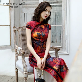 Ķīniešu Tradicionālā Kleita Cheongsam Qipao Sievietes, Meitenes Pusi Kāzu Modes Vintage Ziedu Drukāt Satīna Garās Kleitas 9 Krāsas