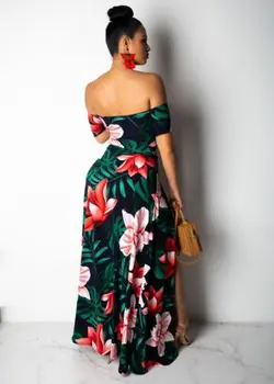 Karstā Pārdošanas Stilīgu Sieviešu Off-plecu Slash-kakla Ziedu Drukāt Augsta vidukļa Ļoti spraugas Slim Dress Lady Vasaras Ikdienas Kleita S-XL