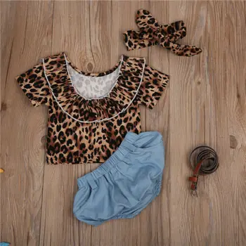 Vasaras Jaundzimušais Meitenes Apģērbu Komplekts Leoparda Īsām Piedurknēm Krekls + Džinsa Īsu +Galvas stīpa Bērniem Drēbes Tērpiem 3Pcs