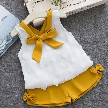 Ideāls Eņģelis Toddler Bērniem, Baby Meiteņu Apģērbs Vasaras Apģērbs Bowknot Šifona T-krekls Veste+Bikses Kopa