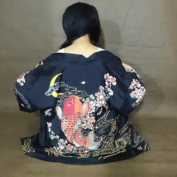 Tradicionālo Zivju Drukāt Sieviešu Kimono Jaka Japāņu Haori Sieviešu Femme Blūze Yukata Vasaras Sexy Beach Streetwear Augšu