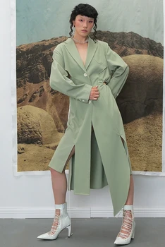CHEERART Dizainers Uzrakt Mētelis Zaļā Ilgi Asimetrisks Mēteli Izgriezt Vidukļa V NeckTrench Mētelis Sieviešu Modes Apģērbi