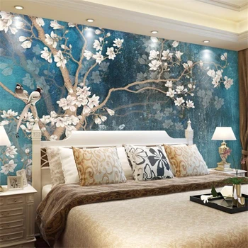 Wellyu papel de parede Custom tapetes Vintage roku apgleznoti magnolijas zieds sienas Ziemeļvalstu retro zils, elegants audekls behang