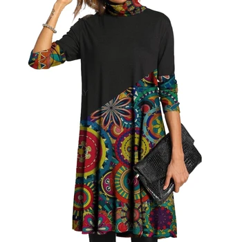 Sieviešu Mode Rudens Dienas augstu uzrullētu apkakli ar garām Piedurknēm Raibs Print-Line Kleita Ceļa Garums Kleita