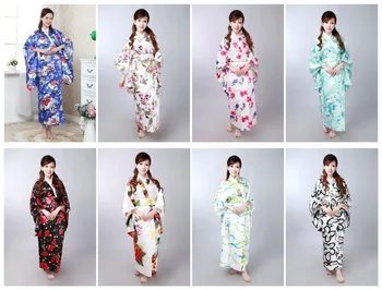 Karstā pārdod Gaiši zilu Japāņu Sieviešu Zīda Satīna Kimono Yukata Vakara Kleita Ziedu Bezmaksas Piegāde Viens Izmērs H0047