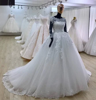 Vestido de Noiva Ir 2021. Kāzu Kleita ar garām Piedurknēm ar Mežģīņu Appliques ar Gropi Līgavas Kleita kāzu kleita Drēbes De Mariee