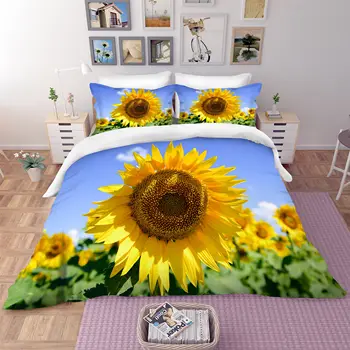 Saulespuķu Modelis 3D Mājas Tekstila Sega Segtu Spilvendrāna Vienkāršs Zēns Un Meitene Gultas Komplekts Viena divguļamā Gulta