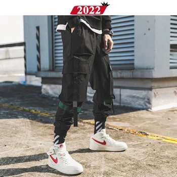 Hip Hop Lentes Kravas Bikses Vīriešu Joggers Bikses Streetwear Vīriešiem 2020. Gadam, Modes Mens Elastīgs Viduklis Elsas Lentes Kokvilnas Melna