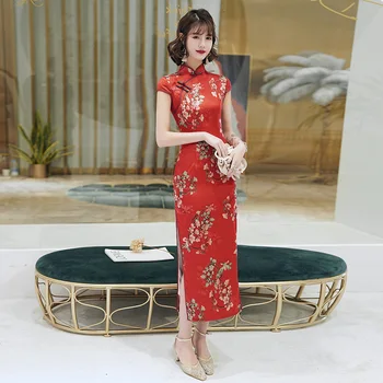 Ķīniešu Kleitas Cheongsam Klasiskā Sarkanā Pavasara Zieds, Rudens, Mēness, Gara Kleita Sexy Sadalīt Tang Tērpu Lady Banketa Qipao
