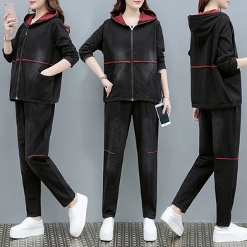 Pavasarī jauno lielo pagalmu kapuci jaka hoodies bikses divdaļīgs kostīms vaļēju augšu bikses, melns apģērbs, apģērbu komplekts atpūtas Korejas stils