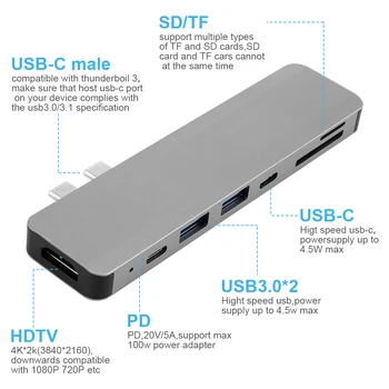 7 in 1 USb Type C Hub USb 3.0 uz HDMI 4K Adapteris Ar SD TF Karšu Lasītājs PD par MacBook Pro/Air USB Centrmezglu