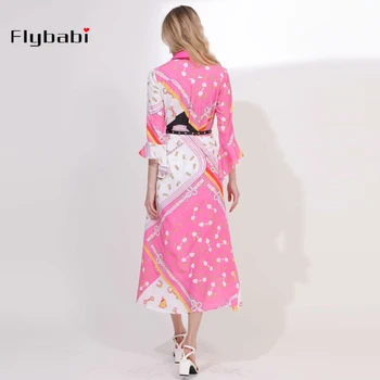 Custom plus lieluma rozā drukāt augstas kvalitātes vasaras modes dāmas Kārta-Apkakle pilnīgu Izlīdzināšanu piedurknēm Vidum Teļš sieviešu kleita