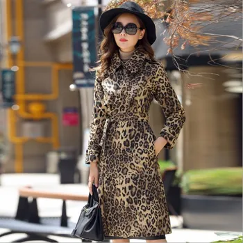 Vējjaka Tranšejas Jaka Sieviešu Modes Leopards Drukāt Elegants Slim garām Piedurknēm Uzrakt Mētelis ar Vērtnēm Līdz 2018. Garo Mēteli