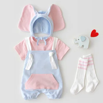 Gudrs Kokvilnas Romper Kopumu Apģērbu Zilonis Dizaina Dzīvnieku Stila Piedurknēm Baby Boy Meitene Bodysuits Brīvdienu Strape Bērniem Tērpiem+cepure