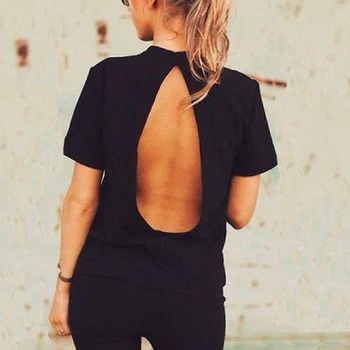 Modes Vasarā Sievietēm Tīrtoņa Krāsu Tee Apaļu Kakla Īsām Piedurknēm Backless T-Krekls