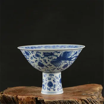Antīko MingDynasty porcelāna bļoda,Blue& white phoenix augstas bļodā,ar Roku apgleznotus amatniecība,Apdare,kolekcija &Rota