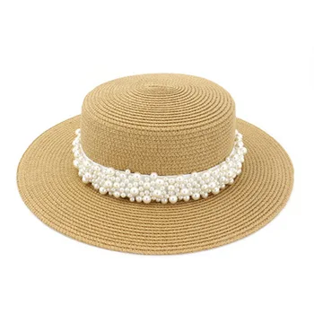 Salmu cepures sievietēm, vasarā, pavasarī flat top liels malām saules cepures tīrtoņa krāsu pērļu josla luksusa elegants ikdienas vasarā pludmale sieviešu cepures