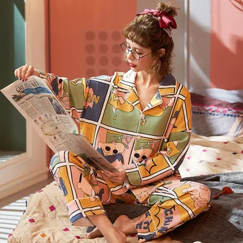 Dāma Mājās Modes Apģērbu Jauno Sieviešu Pidžamas Komplekts Kokvilnas Iespiesti Pyjama garām Piedurknēm Savukārt Apkakle Krāsains Sleepwear