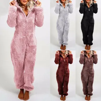 Sabiezēt kapuci sievietēm silts onesies samta priekšā, rāvējslēdzēju ar garām piedurknēm dāmas pidžamu ziemas kombinezonus cietā silts homewear VKSL1053