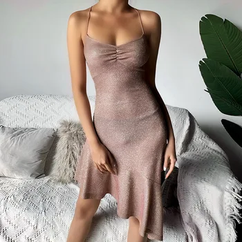 Atoshare Sexy Backless Spīdīgi Rozā Kleitas Sievietes Puses Ir 2021. Spageti Siksnas Pārsējs Elegants Slim Kleita Vestidos