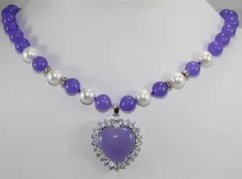 Nekad-out-of-dienas purple Jade dotted ar white pearl & purpura sirds-formas Jade kulons, kaklarota, valentīna diena