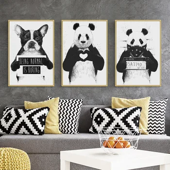 Melna Balta Funny Dzīvnieki, Plakātu Ziemeļvalstu Karikatūra Audekla Apgleznošana Sienu Mākslas Gudrs Panda Bostonas Terjers Bildes Mūsdienu Mājas Dekoru
