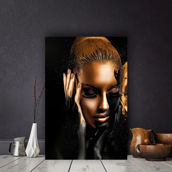 Melnā Zelta Āfrikas Sieviete Eļļas Gleznas uz Audekla Pliks Sienas, Mākslas Plakāti un Izdrukas Skandināvijas Cuadros, lai Dzīvojamā Istaba Dekori