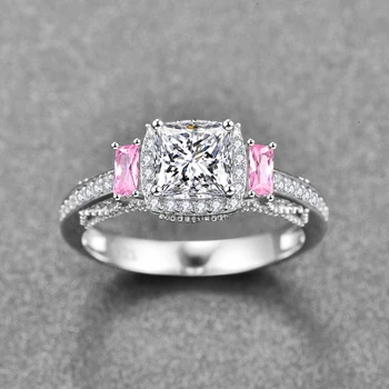 BONLAVI 925 Sterling Sudraba gredzens Galvenais akmens 6*6 mm balts zircon rozā zircon gredzens Elegants Sieviešu Kāzu Saderināšanās Rotaslietas