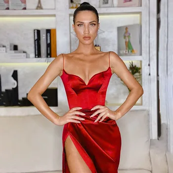 Sieviešu Sexy Augstas Sadalīt Spageti Siksnas Kleita Vintage Kroku Slim Puse Kleitas Modes Backless Vidēja Garuma Bodycon Vestidos 2021