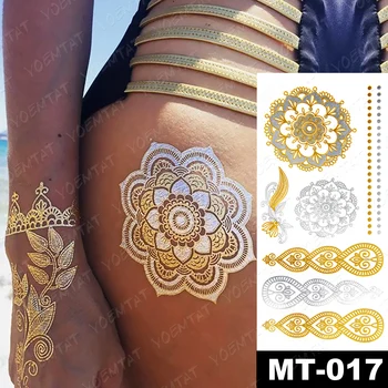 Ūdensnecaurlaidīgus Pagaidu Tetovējumu Uzlīmes, Metālisks Zelts, Sudrabs Mandala Rokas Fatima Spalvu Flash Tatto Hennas Ķermeņa Mākslas Viltus Tetovējums