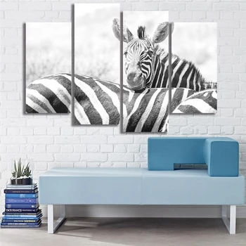 HD Iespiesti Mūsdienu Mājas Dekoru Audekla Plakāta 4 Panelis Melns Balts Zebras Krāsošana Sienas, Mākslas Moduļu Sistēmu Dzīvojamā Istaba Bildes