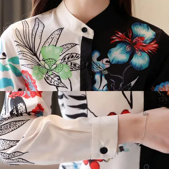 Pavasara Drukāt Stāv Melns ar garām Piedurknēm Top 2020. Gadam, Modes korejas Apģērbu Šifona Blūze Sievietēm Pogu Blusas Femininas 8004 50