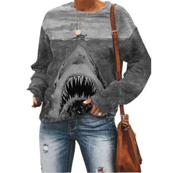 Mandylandy garām Piedurknēm Džemperis sporta Krekls Topi Rudens sporta Krekli Plus Lieluma Sievietēm ir Haizivs Drukāt Puloveri Gadījuma Loose-Fit