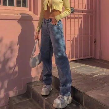 Harajuku Gaiši Zils Taisni Džinsi ar Augstu Vidukli, Zaudēt Bikses Sieviešu ir 2021. Jaunā Pavasara E-Meitene Vintage Modes Slim Džinsa Streetwear
