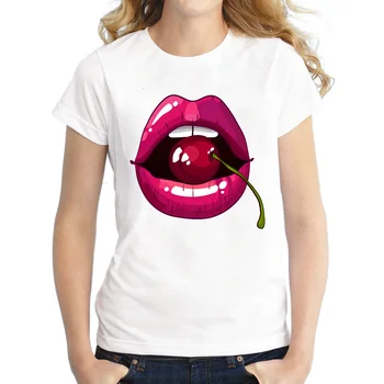 Ir 2021. t-krekls Sieviešu Vasaras Modes Seksīga Sarkana Lūpu Drukāt Topi Baltā Vasaras T Krekls Harajuku Stils Plus Lieluma Galotnēm Tees
