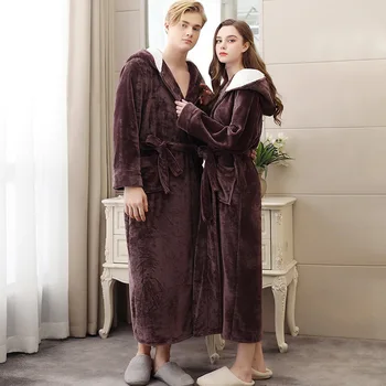 Vīriešu/Sieviešu Ziemas Siltā Mīļotājiem Peldmētelis Kimono Sleepwear Kapuci Sabiezēt Drēbes Flaneļa Gadījuma Nightdress Homewear PLUS LIELUMA