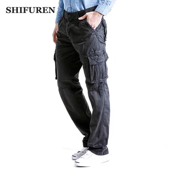 SHIFUREN Plus Lieluma 29-40 Vīriešiem Cēloņu Kravas Bikses Multi Kabatas Loose Fit Vīriešu Militārā Kopumā Bikses Kokvilnas Baggy Kravas Bikses